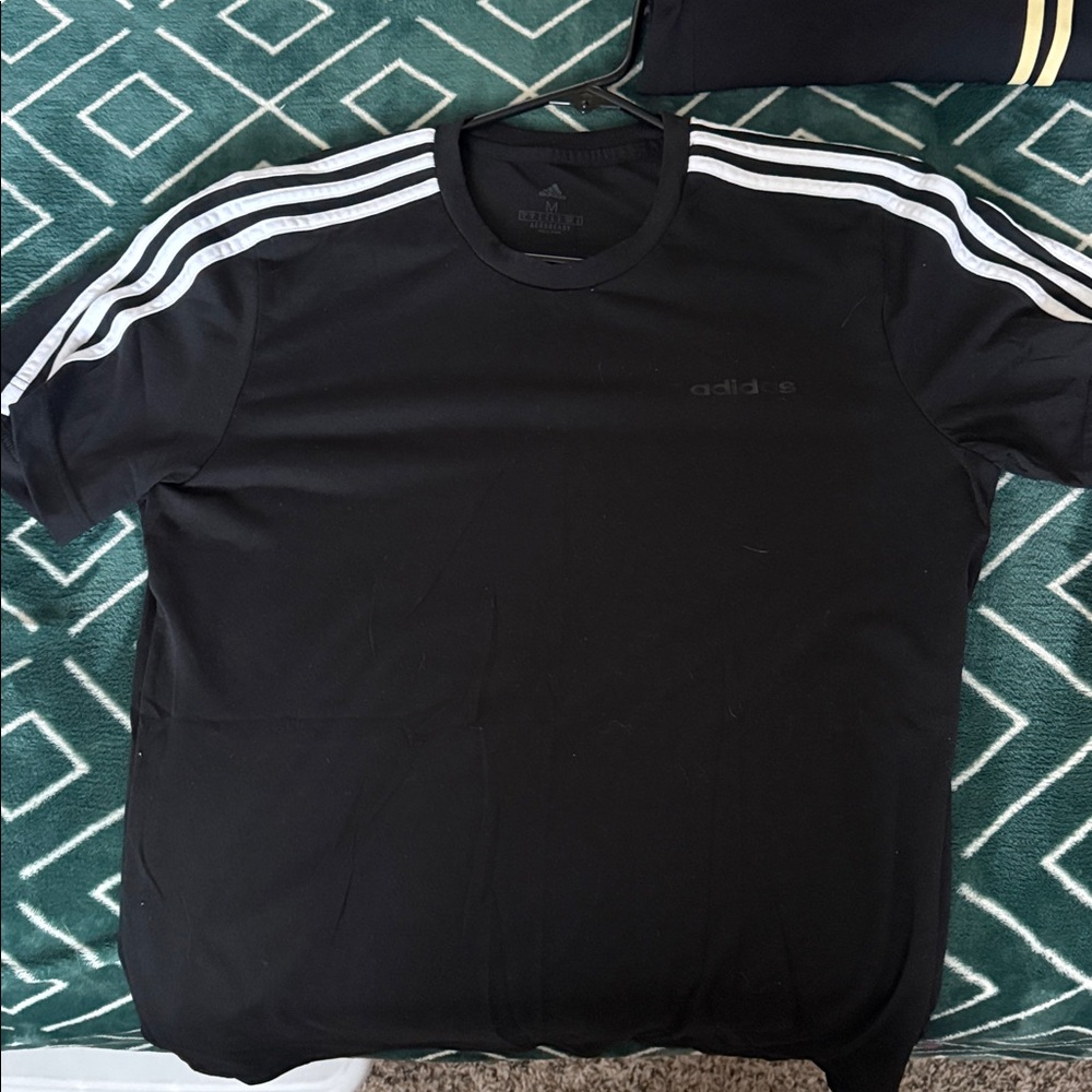 Adidas Black Tee with White Shoulder Stripes